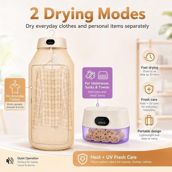 Portable Clothes Dryer, 2-in-1 Hanging & Desktop Laundry Drying | 8H Timer, Foldable, Low Noise, Fast-Drying Compact Dryer for Home Underwear, RVs, Apartments, Travel, Dorm