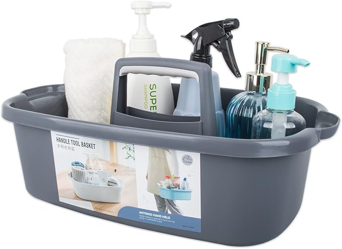 JiatuA Large Cleaning Supplies Organizer with Handle Portable Shower Caddy Basket Plastic Bucket Tool Storage for Bathroom, Bedroom, Kitchen, College Dorm, Under Sink, Garden, Dark Gray & White
