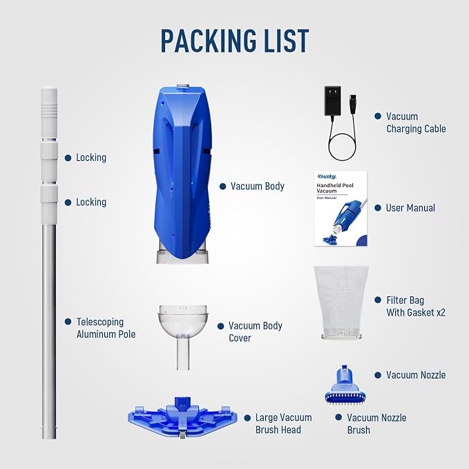 Cordless Handheld Pool Vacuum, 18.5GPM Strong Suction, 45 Mins Runtime, Telescopic Pole, Dual Brush Heads for Above Ground, Inground Pools, Spas & Hot Tubs, Vako H10 Blue