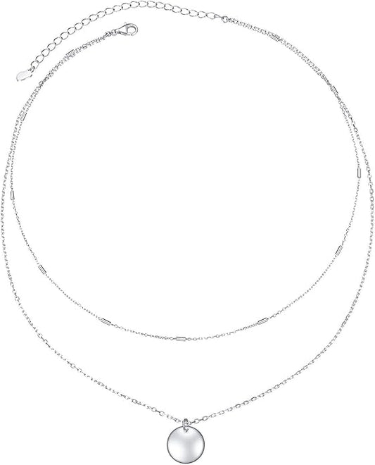 FLYOW Layered Choker Necklace S925 Sterling Silver Star Full Moon Daisy Flower Pendant Disc Jewelry Adjustable Clavicle Necklaces for Women Girls Birthday Gifts