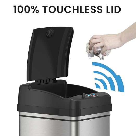 iTouchless 13 Gallon Glide Sensor Trash Can 7 Filters Odor Control System, Automatic Kitchen and Office Garbage Bin, Stainless Steel with Caster Wheels (DZM13CF06)