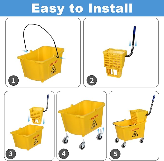 Side-Press Wringer Commercial Mop Bucket on Wheels, 35-Quart, Yellow Mop Bucket for Professional/Industrial/Business Heavy-Duty Floor Cleaning/Mopping