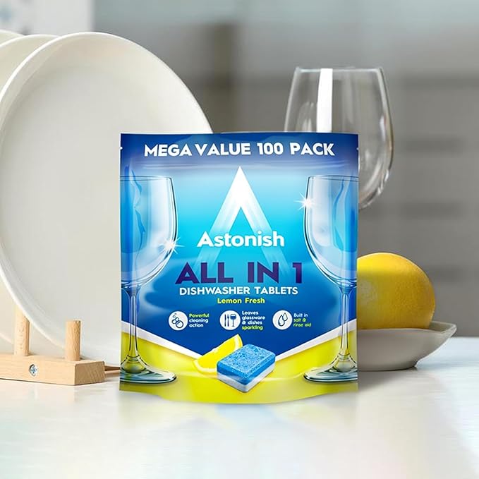 Astonish All In 1 Dishwasher Tabs, 100ct + Fresh Fizz & Fresh Bathroom Toilet Bowl Cleaner, 8ct