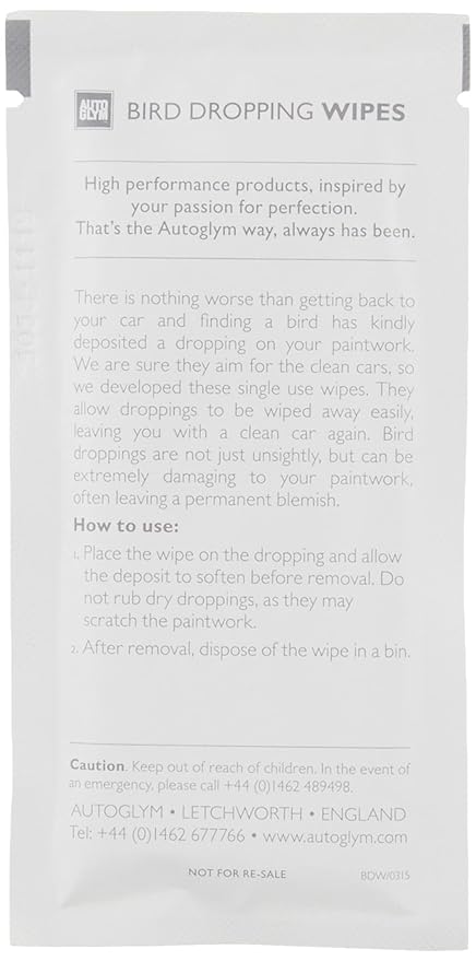Autoglym Bird Dropping Wipes, x10 - Car Cleaning Wipes Offer A Quick, Clean Fix for A Mucky Job