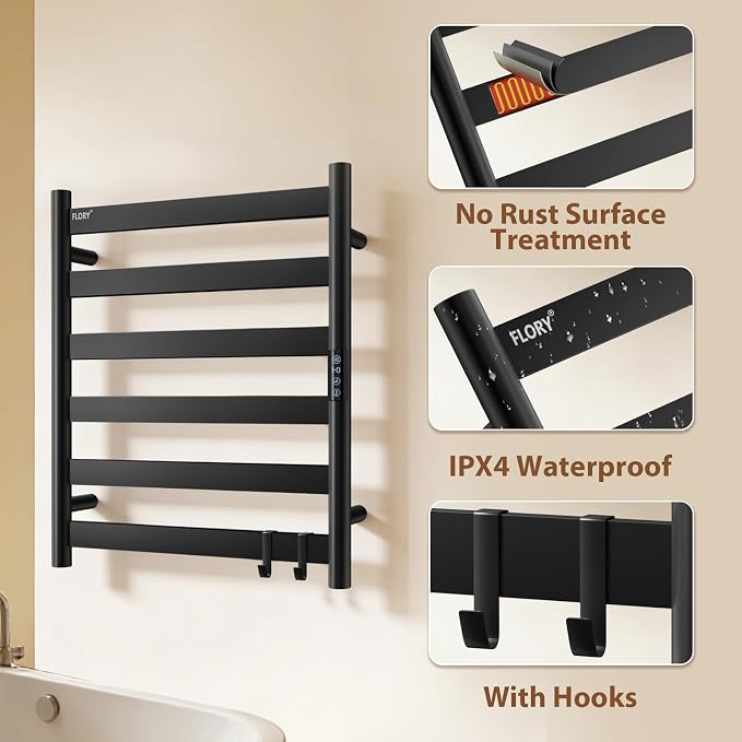 R FLORY Heated Towel Rack for Bathroom, 6 Bar Wall Mounted Towel Warmer Rack Flat with Timer & Temperature, Electric Towel Heater with LED Display Screen, Plug-in,Matte Black