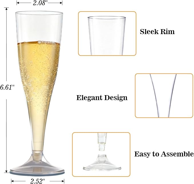 Bestluck 100 Pack Champagne Flutes Plastic, 4.5 oz Clear Plastic Disposable Stemware, Disposable Champagne Flutes for Party, Mimosa Bar, Wedding, Anniversary and Graduation