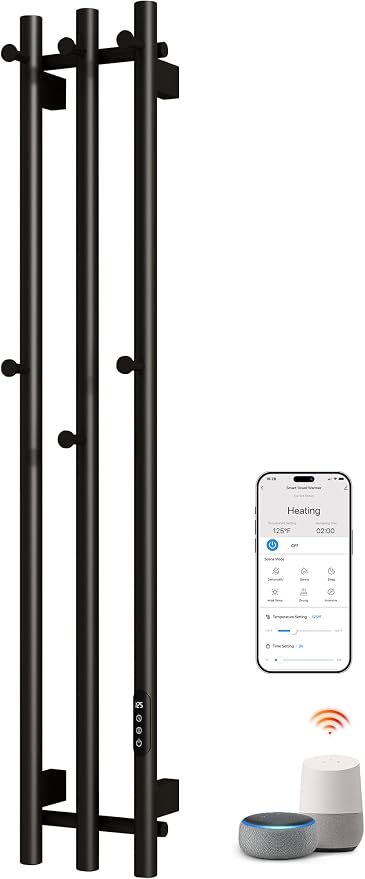 ENZE Smart Heated Towel Rack, Wall Mounted Electric Towel Warmer 220W for Bathroom, WiFi App Control & LED Touch Screen, Adjustable Temp & 24H Timer, Vertical Model, IPX5, Plug-in/Hardwired, Black