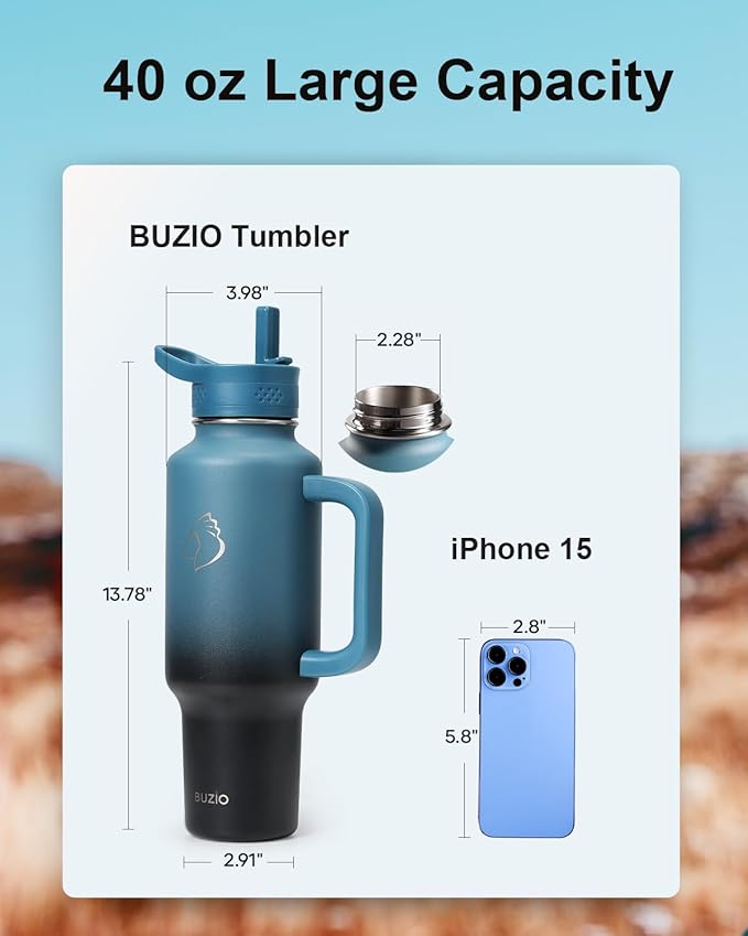 BUZIO Insulated Water Bottle Cup Holder Friendly, 40 oz Metal Travel Tumbler with Handle, Dishwasher Safe Thermo with Straw, Keep Cold for 48hrs, Dark Purple Green