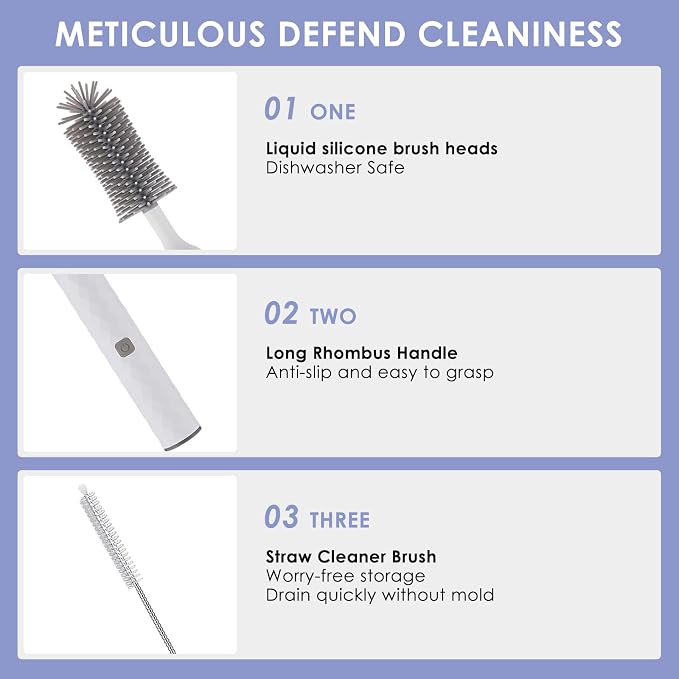 Electric Baby Bottle Brush Set with Electric Bottle Brush and Silicone Bottle/Nipple Brush, Long Straw Cleaner, Rechargeable Bottle Cleaner Electric,Waterproof Water Bottle Cleaner,White