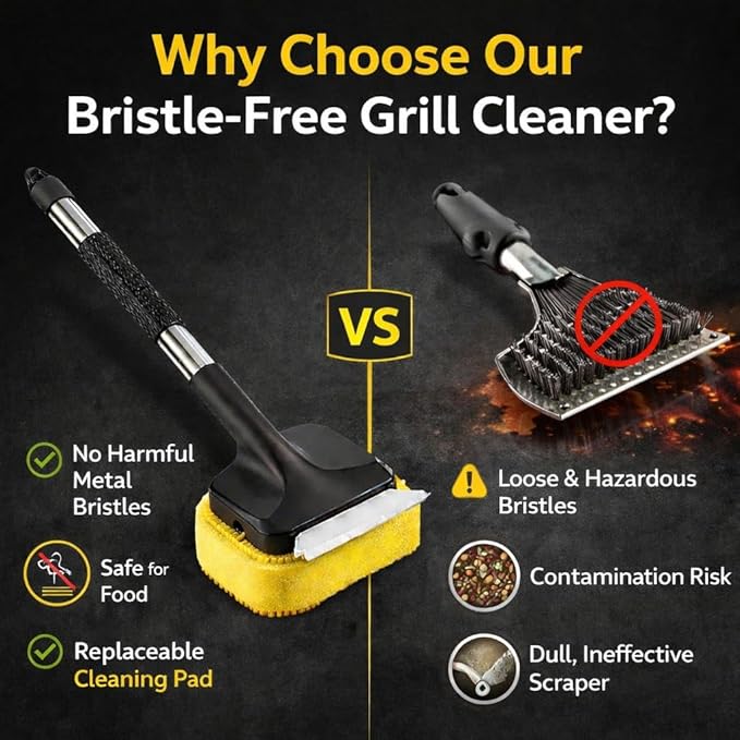 Grill Brush Bristle-Free with Scraper – BBQ Grill Cleaner with Replaceable Pad, Heavy Duty Non-Scratch Cleaning Tool for Gas, Charcoal & Porcelain Grates, 20.47” Long Handle