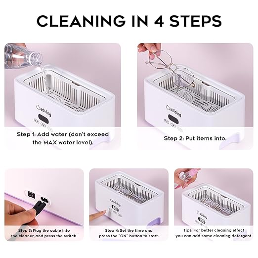 Adiding Jewelry Cleaning Machine, 1000mL (33.8oz) Sonic Retainer Ring Cleaner with 5 Time Mode and Degassing Function Ultrasonic for Glasses, Earrings, Necklaces, Denture, Coins, Pacifier (Purple)