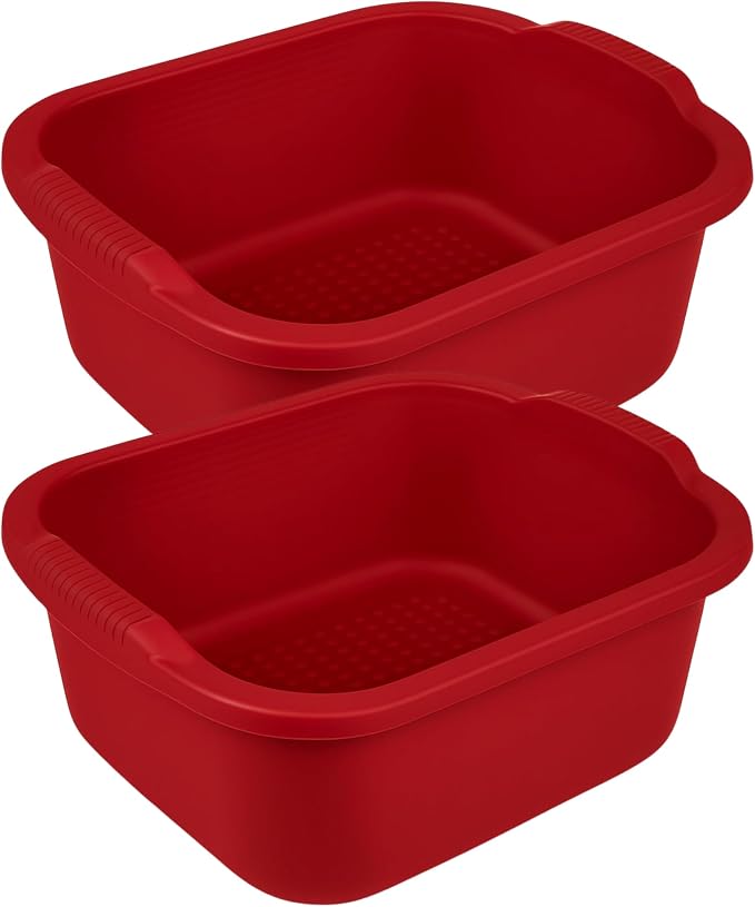 2 Pack Plastic Wash Tub Dishpan Basin and Foot Bath for Soaking Feet, Laundry Hand Wash Bucket, Dish Pans for Washing and Storage Cleaning Supplies - 12 Quarts - Heavy Duty - Red