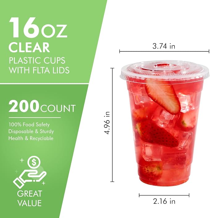 FOCUSLINE 200 PACK 16oz Clear Plastic Cups with Lids, Disposable Cold Drinking Cups, 16 Ounce Large Clear Cup with Flat Lids with Holes for Smoothie, Milkshake, Bubble Tea, Parfait