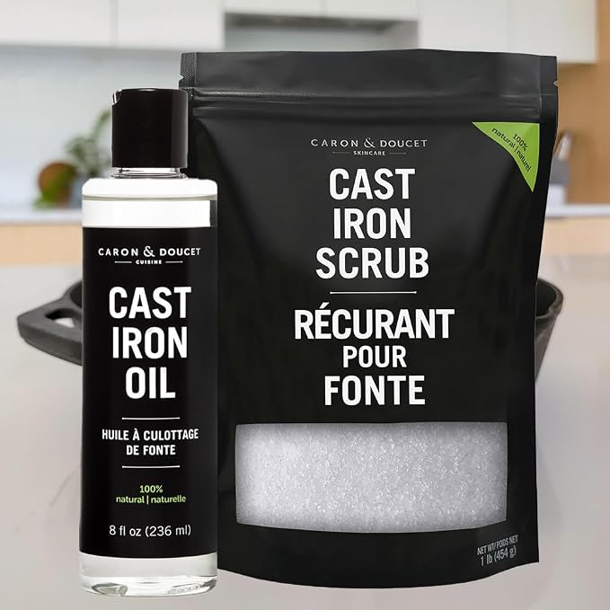 CARON & DOUCET - Cast Iron Care Seasoning Bundle - CastIron Oil & Cast Iron Scrub - 100% Plant Based Formulation - Helps Maintain Seasoning on All Cookware (8 fl oz & 1 lb)