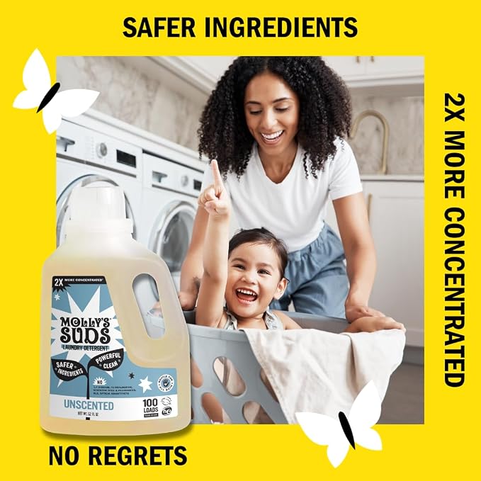 Molly's Suds Liquid Laundry Detergent | Clean Laundry Detergent Soap for Sensitive Skin | 2x Concentrated, High Efficiency (HE) | Unscented - 100 Loads