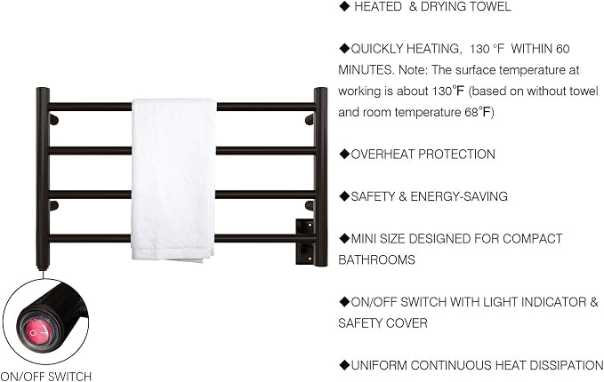 HEATGENE Towel Warmer 4 Bar Towel Dryer Wall-Mounted Plug-in Bath Towel Heater - Venetian Bronze