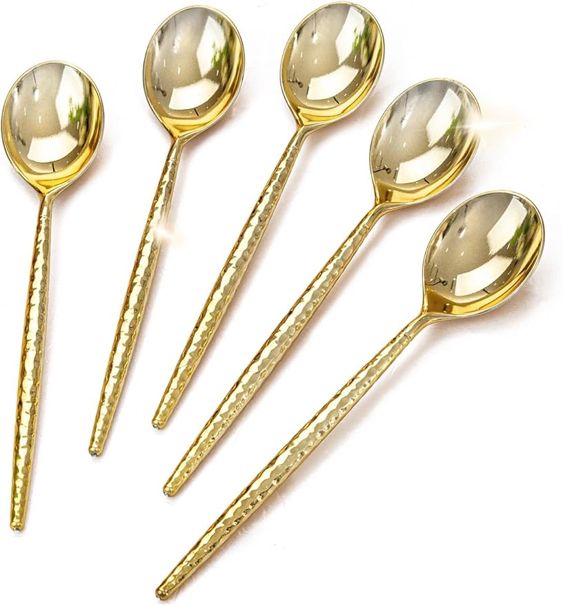 U-QE 180 PCS Gold Plastic Spoons - 7.7 Inch Hammered Heavy Duty Plastic Spoons - Elegant Gold Plastic Silverware - Perfect for Parties & Weddings and Other Daily Events