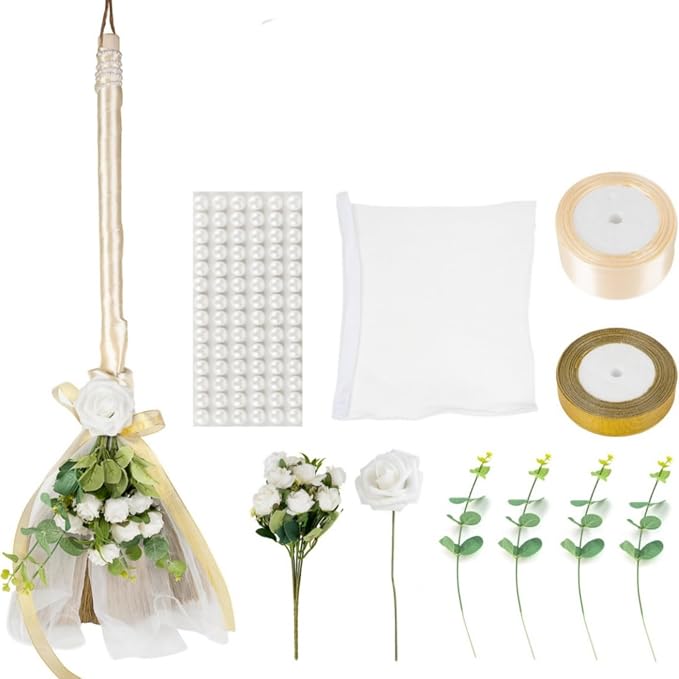 SISIMER Wedding Broom African Jumping Ceremony Decorative Broom DIY Wedding Decor, White Tulle Accents with Pearl Gold Ribbon Artificial Flower Bouquets
