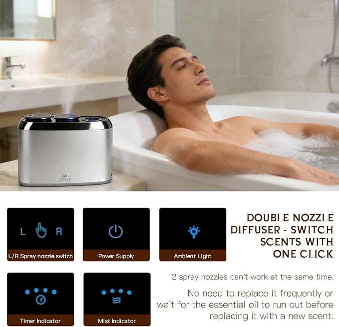 Waterless Essential Oil Diffuser Smart App & Button Control | 50ml x 2 Types Scent Diffusers, Portable Wireless Aroma Air Machine Fragrance for Home, Bathroom, Bedroom, Office, Camping