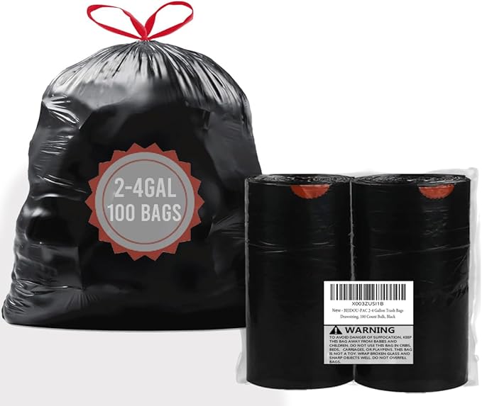 BEIDOU-PAC 2-4 Gallon Trash Bags Drawstring, 100 Count Bulk, Black & Unscented Small Multi-purpose Garbage Bags for Business Home Bathroom Kitchen Commercial and Industrial