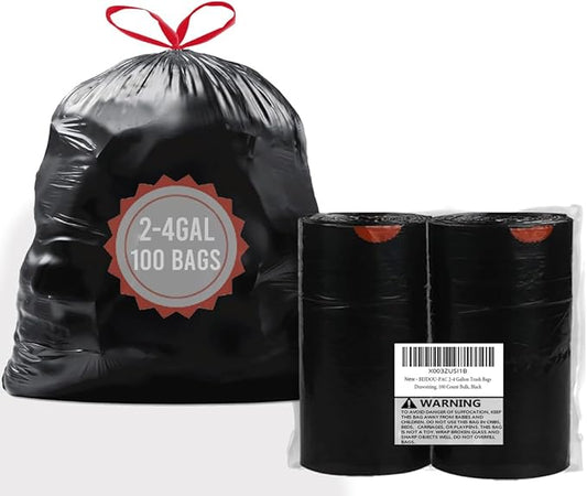 BEIDOU-PAC 2-4 Gallon Trash Bags Drawstring, 100 Count Bulk, Black & Unscented Small Multi-purpose Garbage Bags for Business Home Bathroom Kitchen Commercial and Industrial