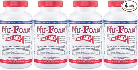 Nu-Foam Sanitizing Tablets for Bar Glassware – Superior Rinse Aid - Hand Washing Bar, Brewery Supplies - Spotless Serving Glasses - Professional - 4 Pack 400 Tablets/ 2,400 Quarts Sanitizing Solution