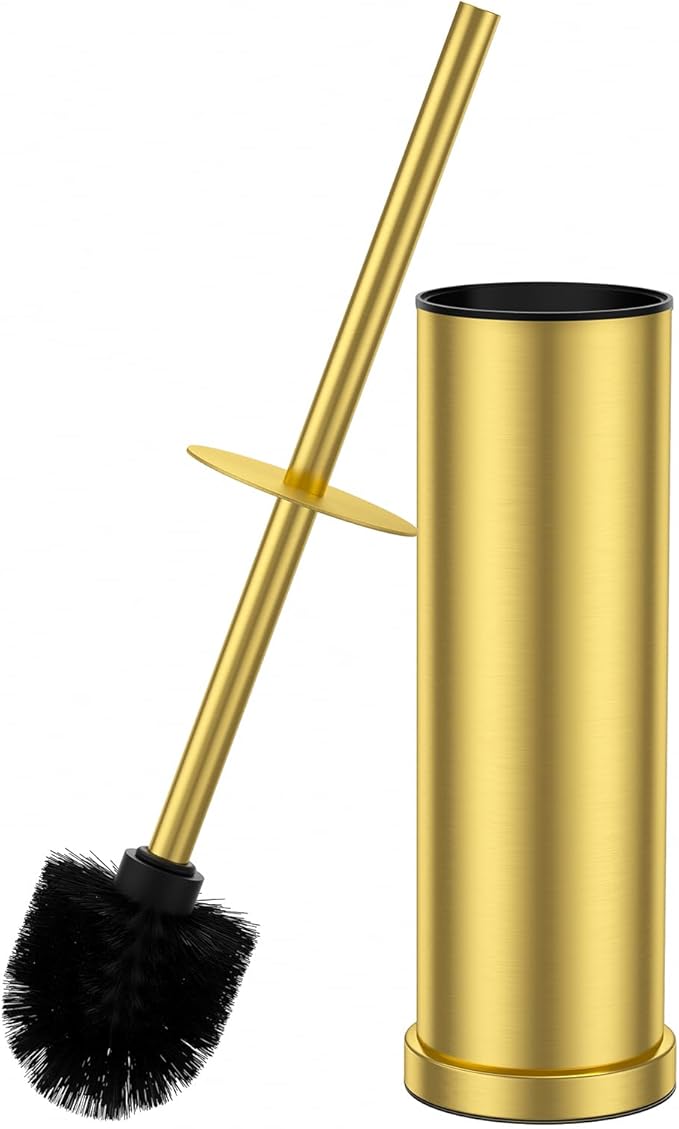 Brass Gold Toilet Brush and Holder Set，Stainless Steel Heavy Duty Toilet Bowl Brush，Extra Long Handled Modern Toilet Cleaner Brush with Replaceable Head, Removable Inner Bowl, and Splash Protection