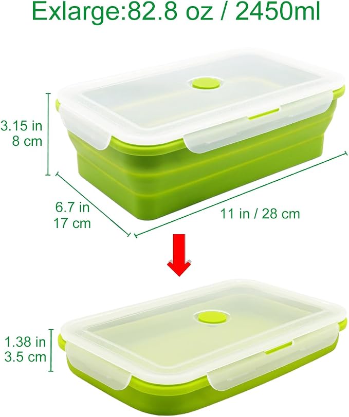 Set of 2 Extra Large Collapsible Silicone Food Storage Containers With Lids, 82.8oz + 60.2oz Meal Prep Bento Lunch Boxes, Microwave,Dishwasher and Freezer Safe For Kitchen, Camping, BPA Free