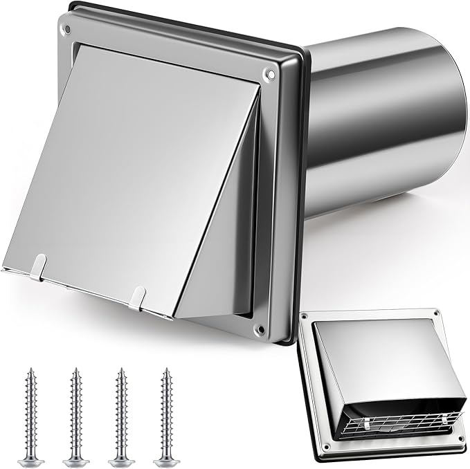 4 Inch Dryer Vent Cover Outside with Stainless Steel Guard Outdoor Wall Dryer Exhaust Vent Cover Shroud Hood Cushioned Non Return Flap with Sealing Gasket(square, with Extension Tube)