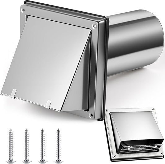 4 Inch Dryer Vent Cover Outside with Stainless Steel Guard Outdoor Wall Dryer Exhaust Vent Cover Shroud Hood Cushioned Non Return Flap with Sealing Gasket(square, with Extension Tube)