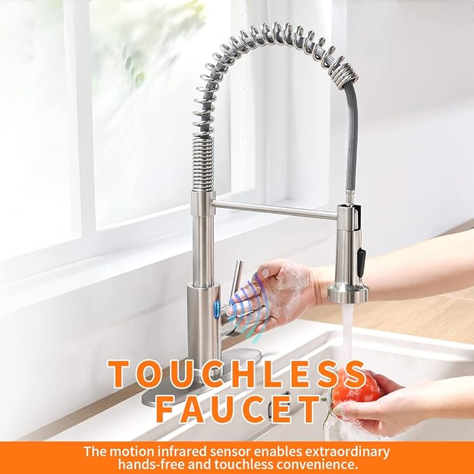 Touchless Kitchen Faucet with Pull Down Sprayer LED Light Single Handle Kitchen Sink Faucet Motion Sensor Smart Hands-Free, Stainless Steel Brushed Nickel 1080SN