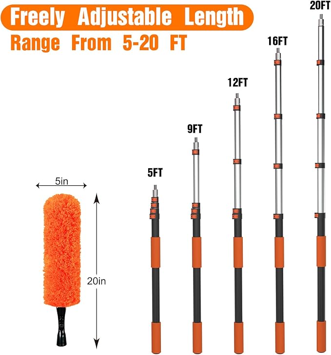 LAANPOLE 26FT Reach Ceiling Fan Cleaner Duster, Fan Blade Cleaner Kit with 5-20FT Extension Pole, Microfiber Duster & Replaceable Cleaning Cloth for Blades, Ceiling, Furniture