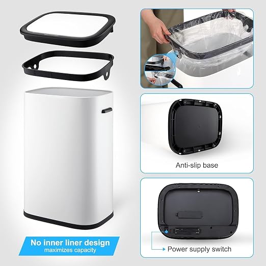 14.5 Gal/55L Motion Sensor Trash Can, Touchless Automatic Garbage Bin with Soft-Close Lid & Handle, Rectangular Waste Basket for Kitchen, Bathroom, Bedroom, White(No Inner Bucket)