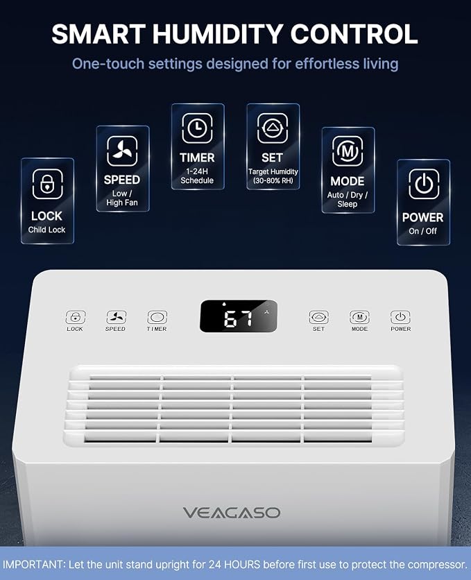 VEAGASO 2500 Sq.Ft. Dehumidifier for Basement with Drain Hose, 32 Pints Dehumidifiers for Home, Bedroom, Garage, 38dB Sleep Mode, Auto-Defrost, 3 Modes, 24H Timer