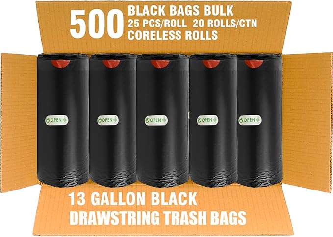 BEIDOU-PAC 13 Gallon Trash Bags Drawstring, 500 Count Bulk Value Pack, Black & Unscented Garbage Bags, Multi-purpose Tall Kitchen Trash Bags Can Liners for Business Home Commercial and Industrial