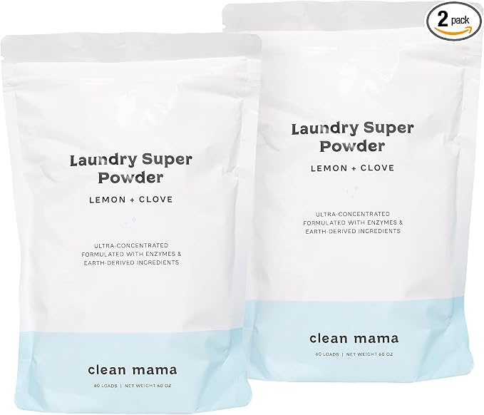Clean Mama Laundry Super Powder Detergent - Extra Strength Laundry Detergent Powder - Natural Laundry Detergent for Sensitive Skin - Enzyme Powered, Fights Stains & Odors - Lemon + Clove, 60 Loads