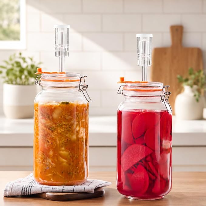 2L Wide Mouth Fermentation Jars, Pack of 2 Complete Fermenting Kit with Airlocks & Glass Weights for Sauerkraut, Kimchi & Pickles