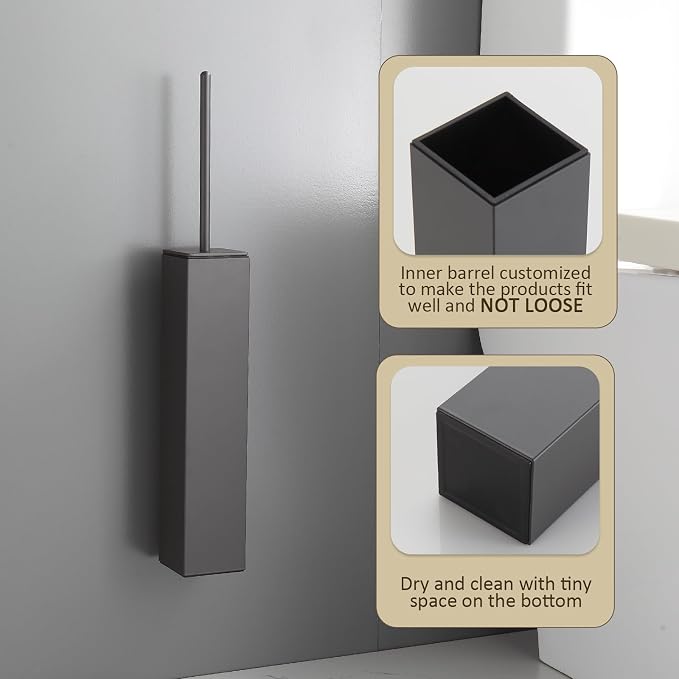 Toilet Brush and Holder Wall Mounted, Gun Gray Aluminum with 2 Replaceable Heads, Bathroom Toilet Brush, Drill or 3M Adhesive Mount, Removable Liner and Splash Guard, Modern Square Design