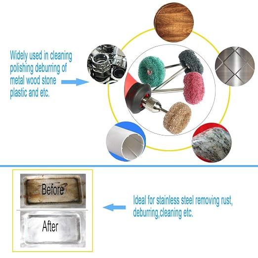 FPPO 100PCS Abrasive Buffing Polishing Wheel Set for Rotary Tool,Mini scouring pad Brush Polishing kit, Removal of Rust,Deburring on Metal Surface,with 3mm Mandrel