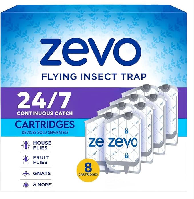 Zevo Flying Insect Trap Refills, 8 Pack Refill Cartridges for Plug-in Insect Trap, Long-Lasting Indoor Bug Control