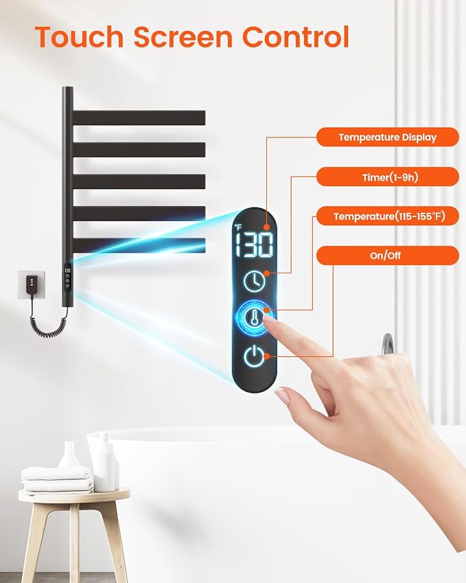 Heated Towel Racks for Bathroom, Wall Mounted Towel Warmer Swivel with Timer & Temp Control, Digital Touch Panel, 110V IPX5 Hardwired & Plug-in