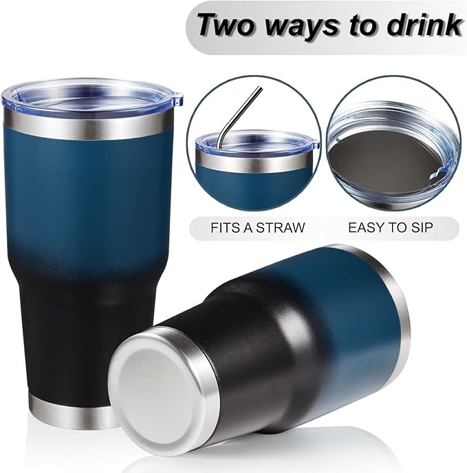 MEWAY 30oz Insulated Tumbler With Lids and Straws,Stainless Steel Double Vacuum Coffee Tumbler Cup, Brush, Durable Powder Coated Coffee Cup for Cold & Hot Drinks, Office, Travel(Blue Black,4 PACK)