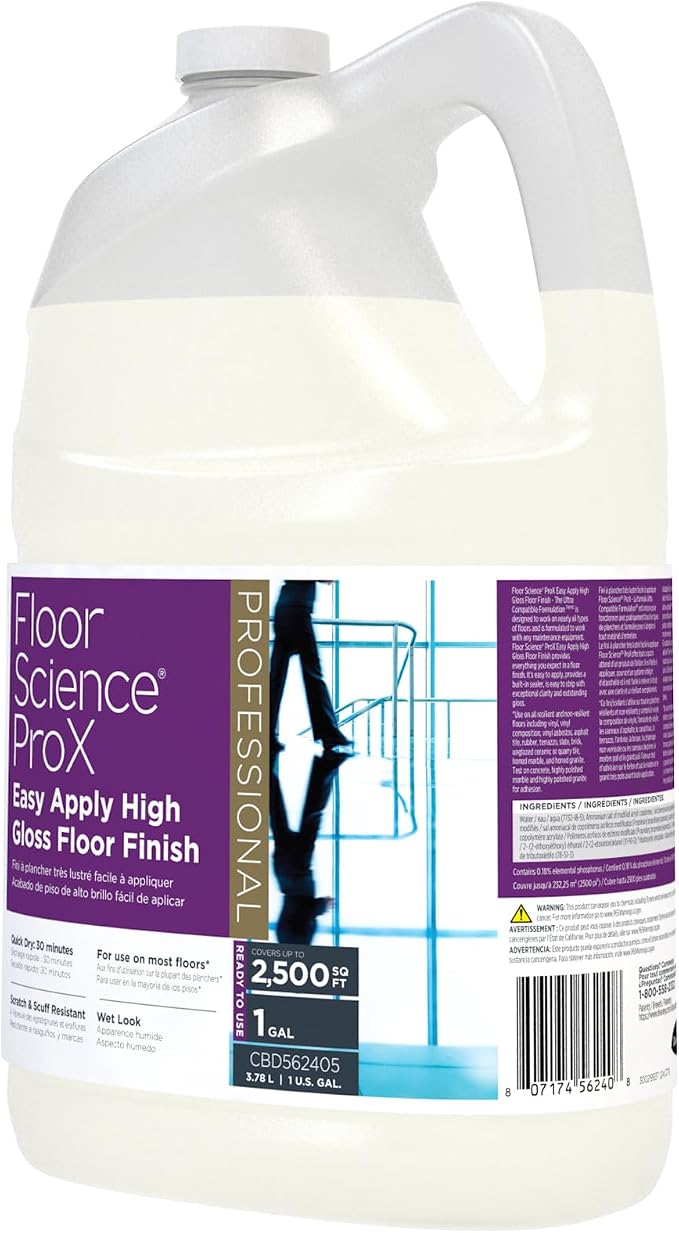 Diversey Floor Science ProX Easy Apply High Gloss Floor Finish, 1 gal | Built-in Sealer, No Buff Shine, Scuff Resistance, Black Heel Mark Removal, 20% solids