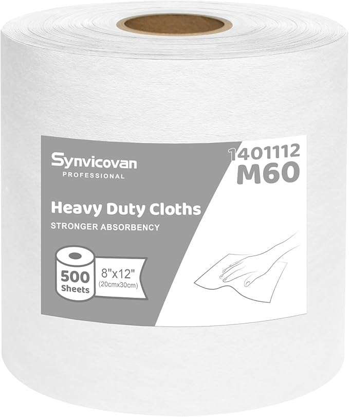 Jumbo Roll Industrial Cleaning Wipes, Lint-Free and Super Absorbent Heavy Duty Cloths, White (1 Roll of 500 Sheets, 12"x 8" Each Sheet)