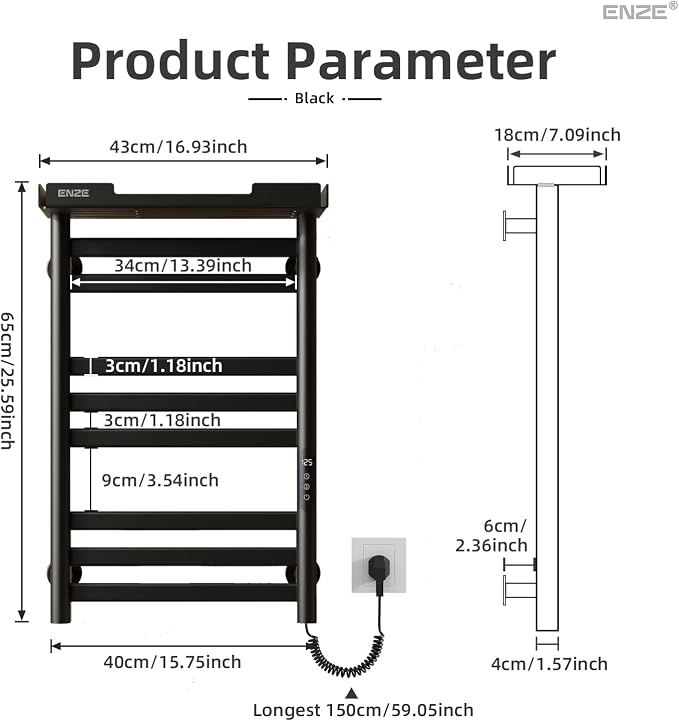 ENZE Smart Heated Towel Rack, 8-Bar Wall-Mounted Electric Towel Warmer with Shelf, Wi-Fi App Control, Adjustable Temperature & 24H Timer, Low Carbon Steel, IPX5, Plug-in/Hardwired, Matte Black