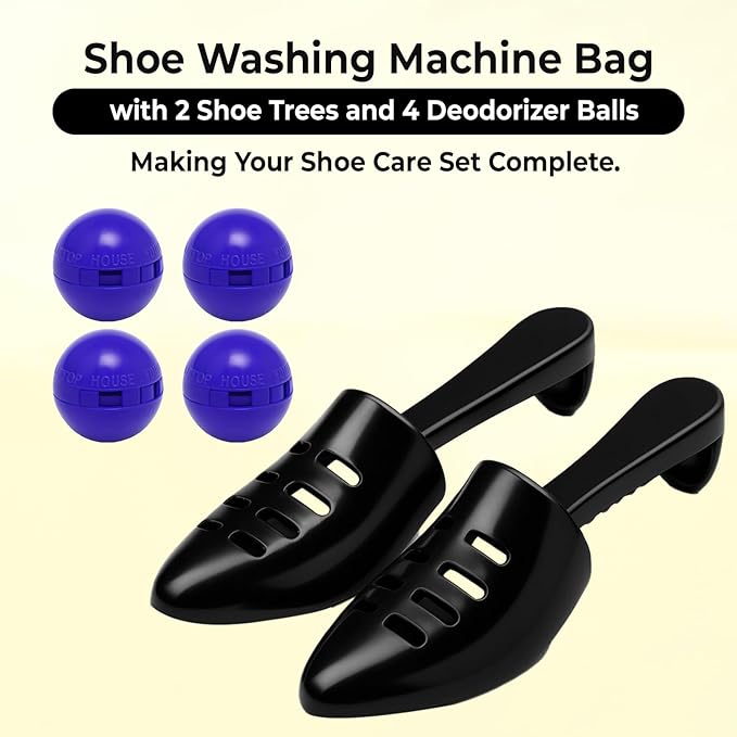 2PCS Shoe Washing Machine Bag with Pair of Shoes Tree and 4 Deodorizer Balls, Durable Zipper Reusable Shoe Washing Bag with 20000+ Fluffy Fiber Lining For 360° Cleaning for Sneakers