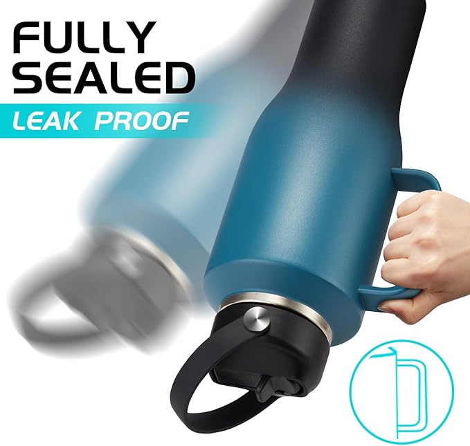 Water Bottle 40oz with Handle Insulated,LeakProof Stainless Steel Tumbler with Lid and Straw, Thermal Cups w/Carrier Pouch with Strap & Protective Boot, Thermo Coffee Flask Fit in Cup Holder