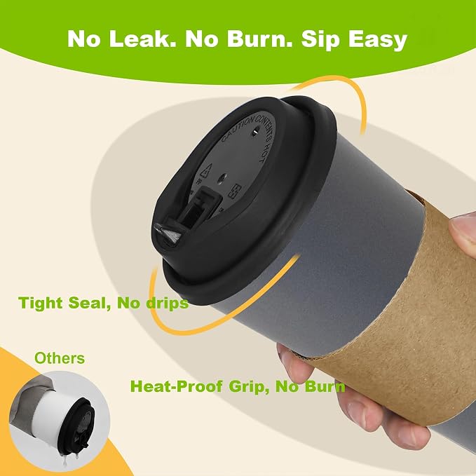 100 Pack 16 oz Disposable Coffee Cups with Lids and Sleeves, To Go Coffee Cups with Lids, Leak-Proof Hot Coffee Cups, PLA Gray Paper Coffee Cups for Hot Beverage