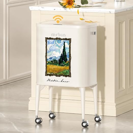 MRBIN Metal Motion Sensor Kitchen Trash Can with Wheel Legs, 36L / 9.5gal Medium Press Lid Slim Waste Basket, Pet Proof Tall Narrow Garbage Pail for Vanity, Living Room, Bathroom, Bedroom, Wheatfield