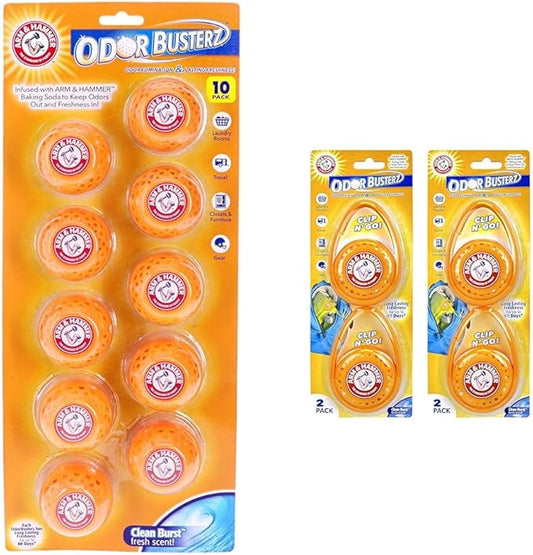 Arm & Hammer 10-Pack Odor Busterz Deodorizing Balls, 10 Count & Odor Busterz - Clip N Go, 4 Count Deodorizer Pack